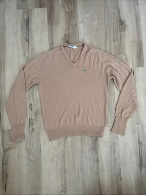 Lacoste Men's V-Neck Sweater in Camel Brown with Green Crocodile